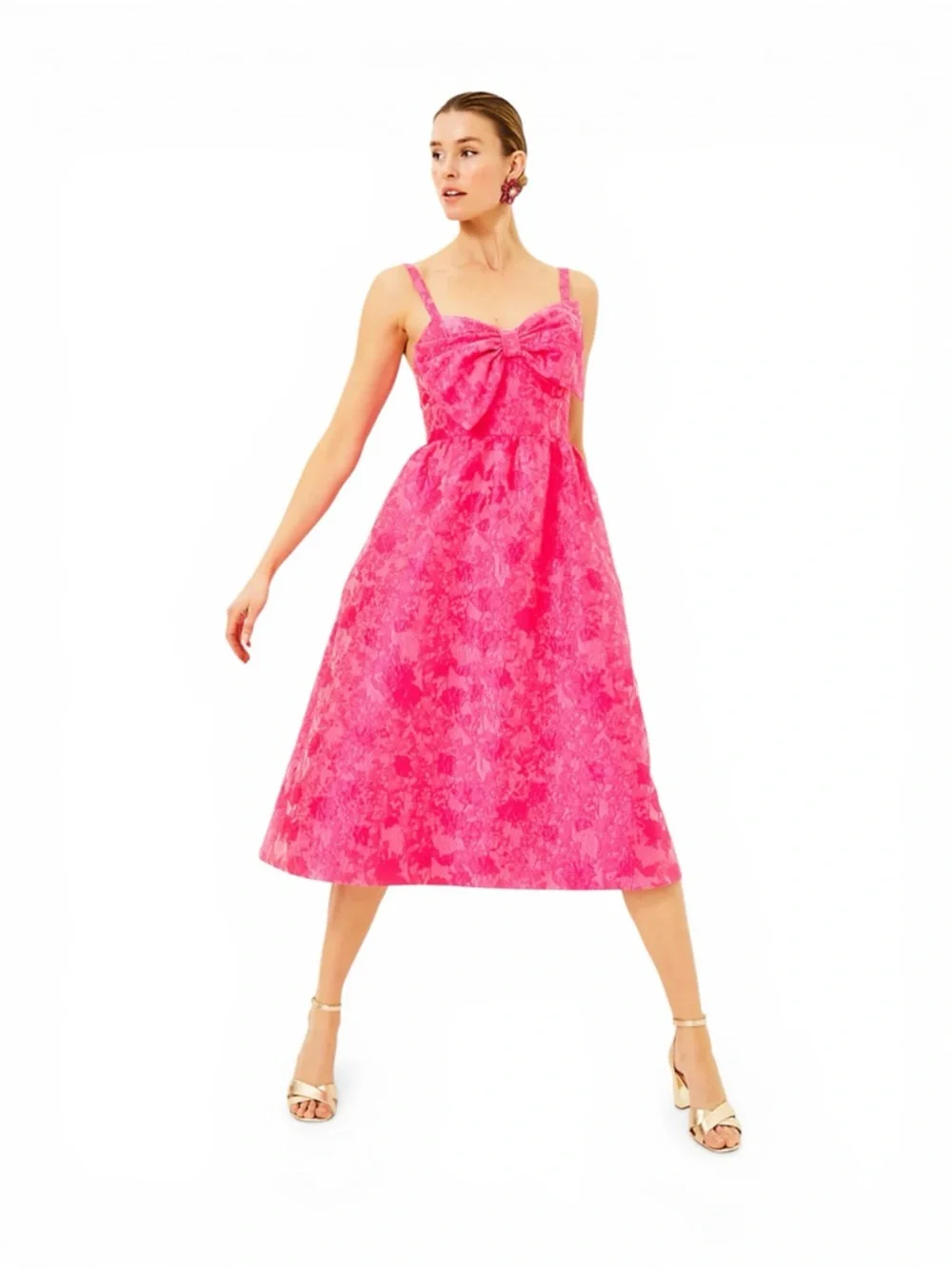 NWT Lilly Pillitzer ELLARA Jacquard Midi Bow Dress, Passion Fuit Pink Leaf 6 - Picture 2 of 7
